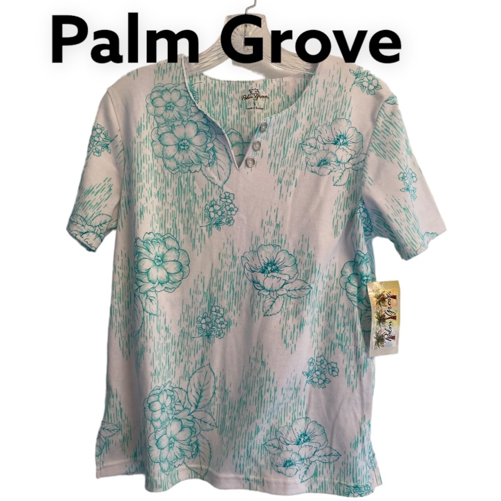 Palm Grove Short Sleeve Floral  Pullover Top Aqua S NWT